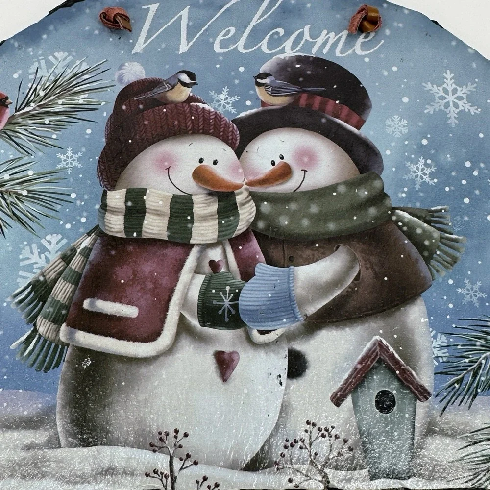 Winter Snowman Welcome Sign Slate Rustic Farmhouse Christmas Decor Cozy Country